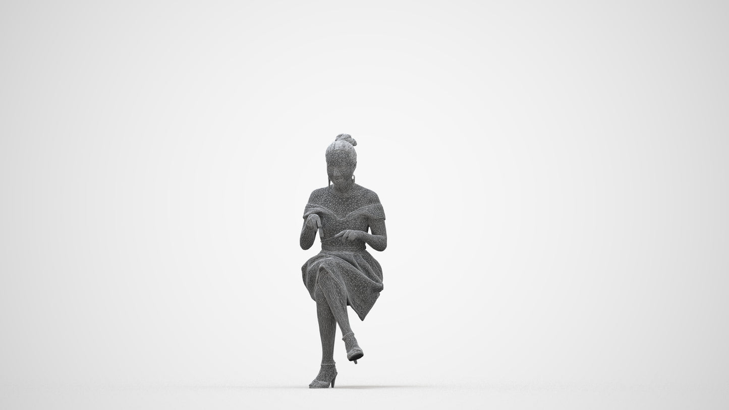 3D human model woman formal sitting, photogrammetry scanned person for archviz, wireframe back view