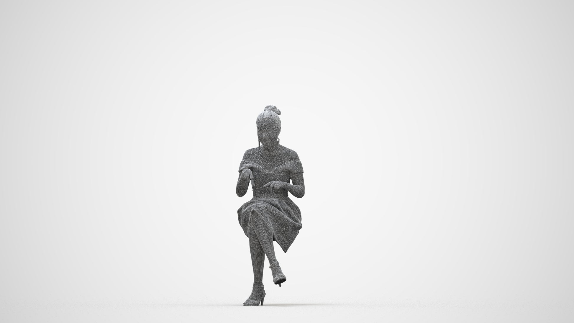 3D human model woman formal sitting, photogrammetry scanned person for archviz, wireframe back view