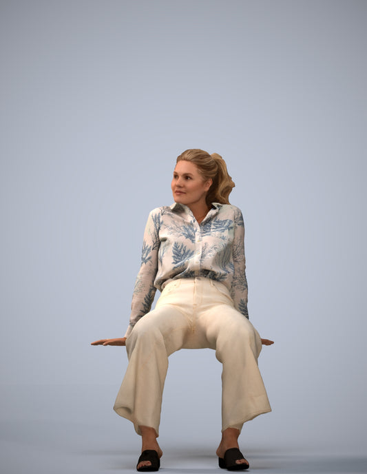 3D scanned woman sitting casual, photorealistic archviz people for Enscape and SketchUp