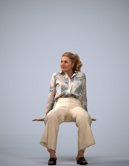 3D scanned woman sitting casual, photorealistic archviz people for Enscape and SketchUp