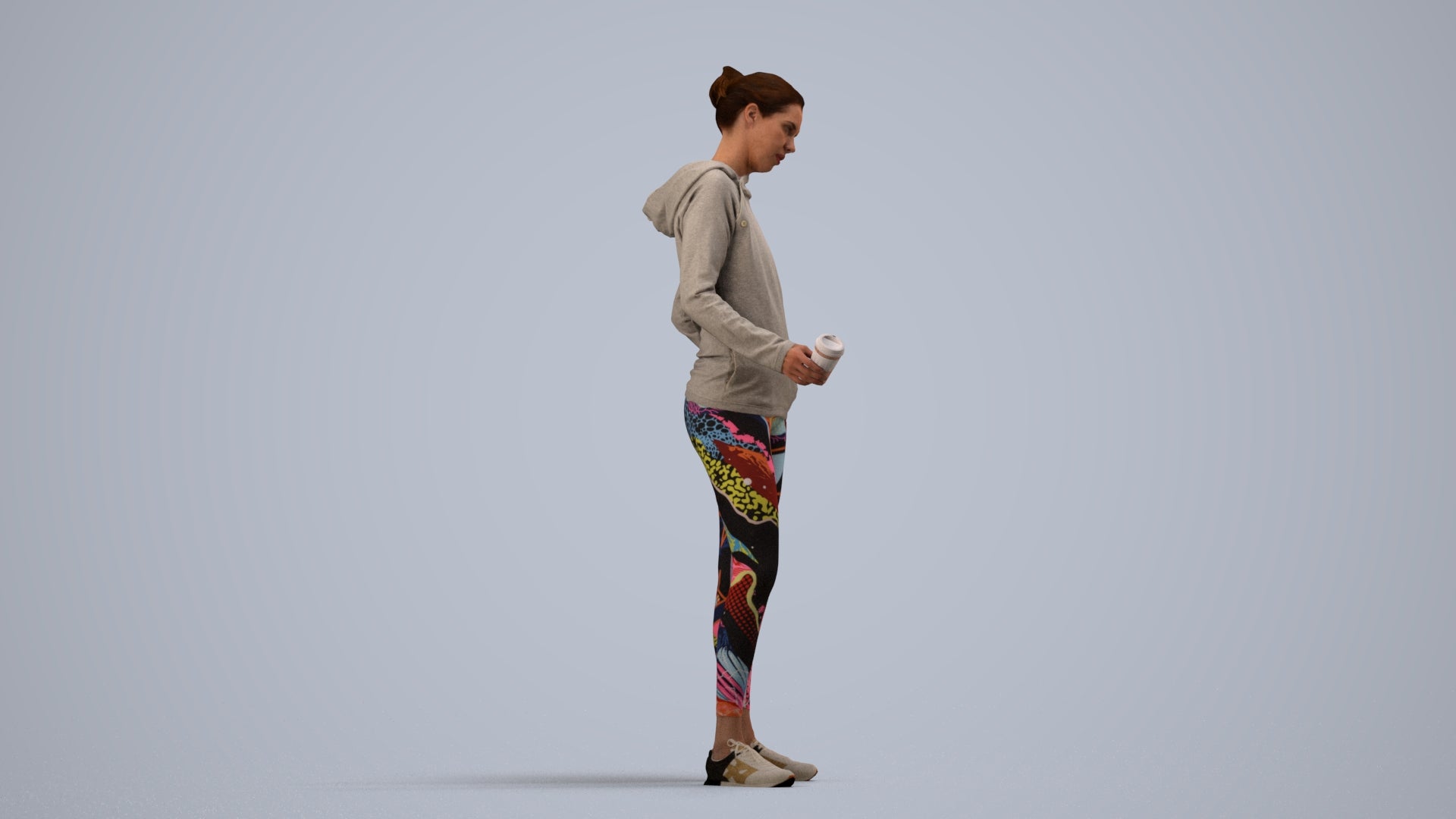 3D scanned woman standing sport, photorealistic archviz people for Enscape and SketchUp, side view render