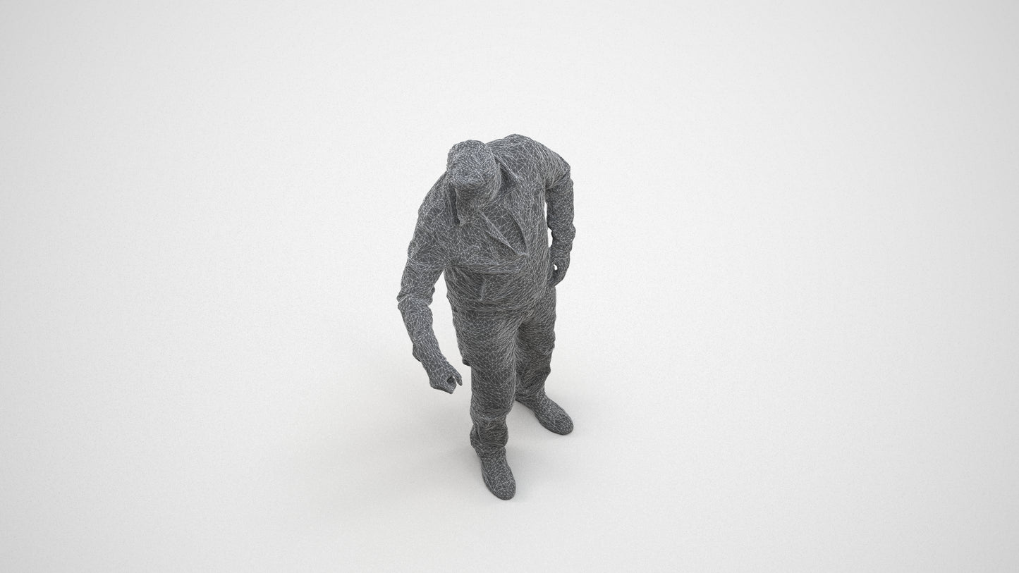 realistic 3D human man casual door, archviz people FBX OBJ for Blender, wireframe three-quarter view