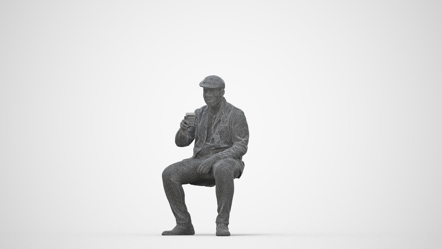 3D scanned man sitting casual, photorealistic archviz people for Enscape and SketchUp, wireframe back view