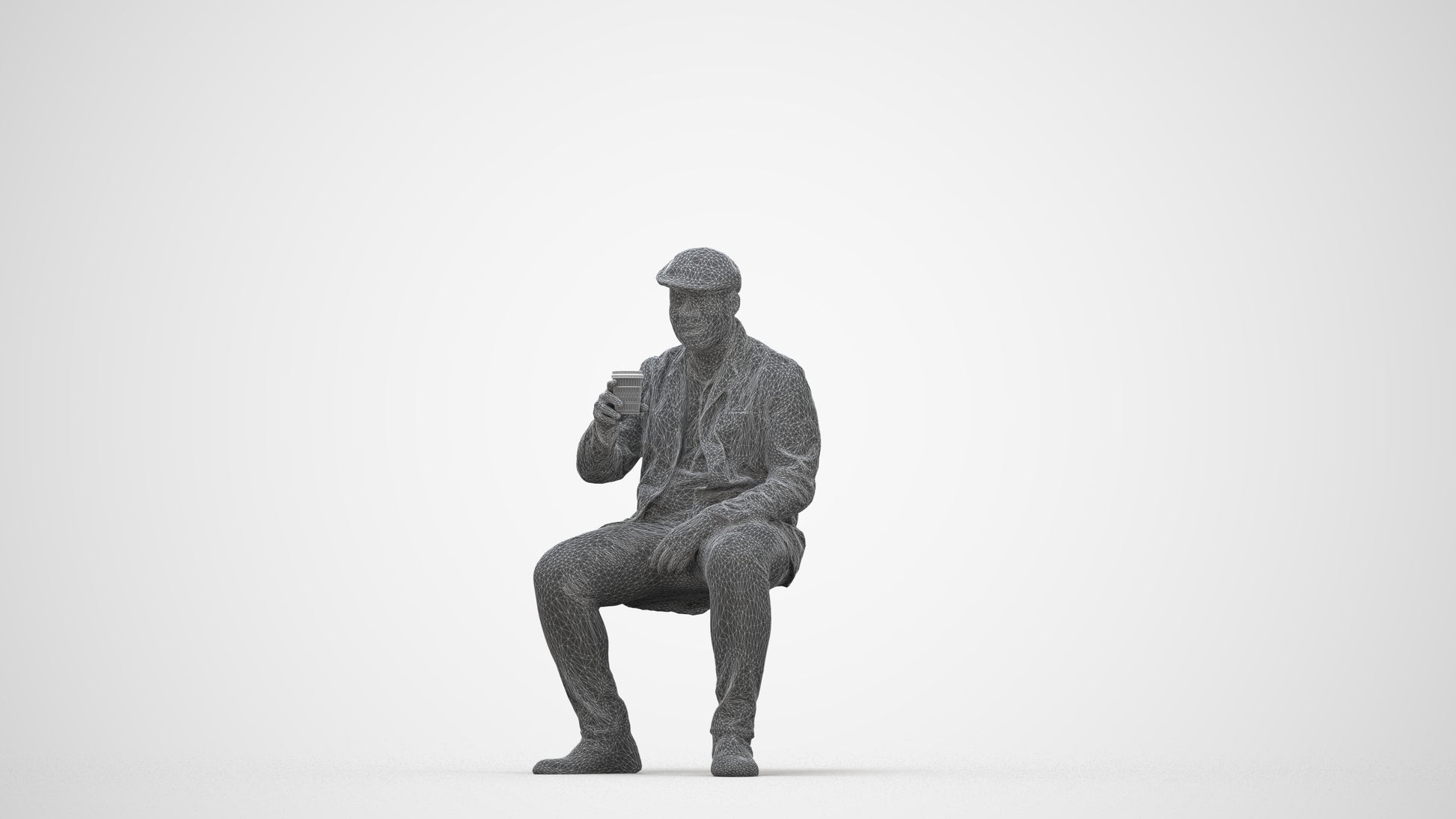 3D scanned man sitting casual, photorealistic archviz people for Enscape and SketchUp, wireframe back view