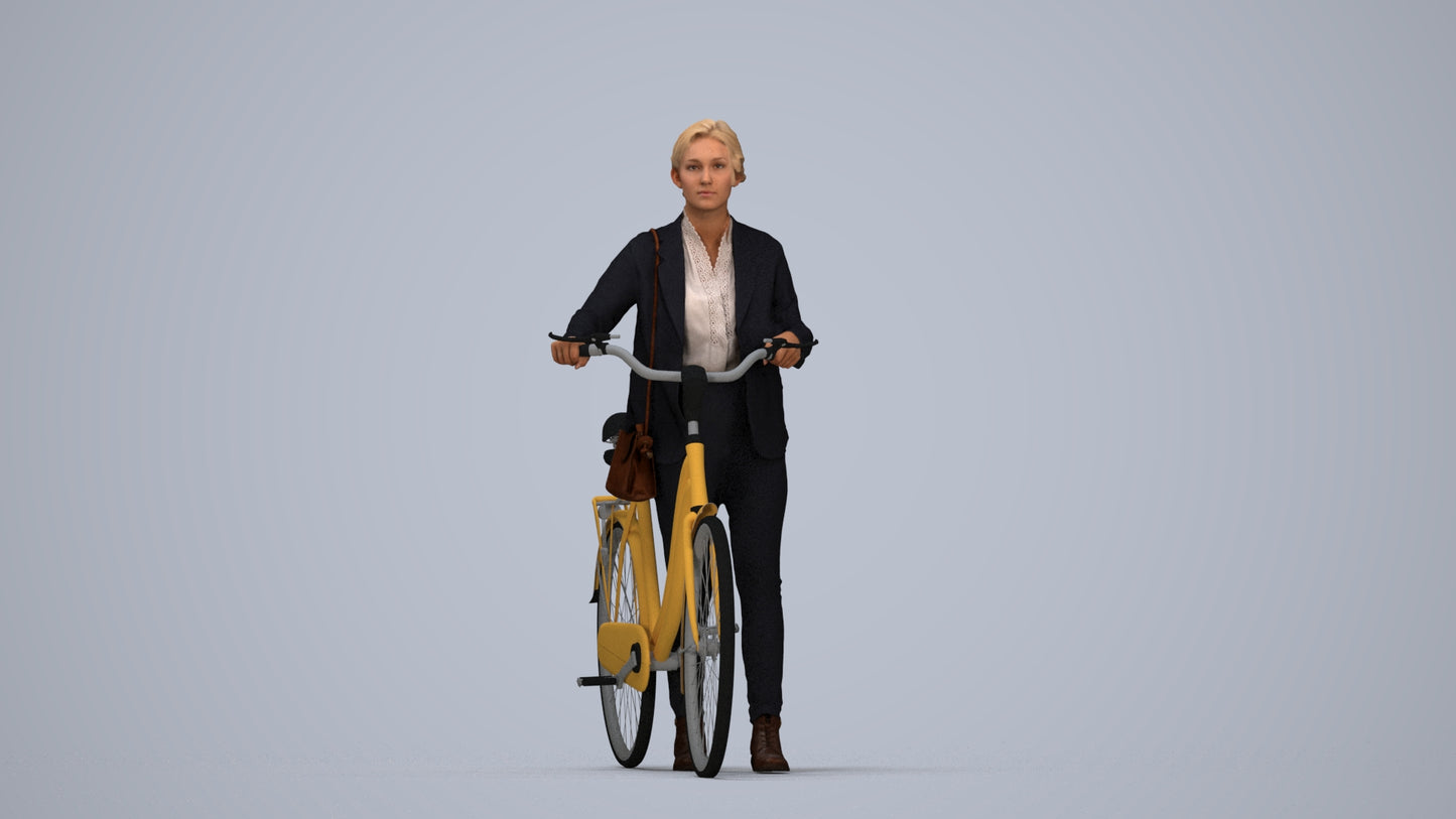 scanned 3D woman business cycling, photogrammetry people for Enscape and V-Ray, top-down view render
