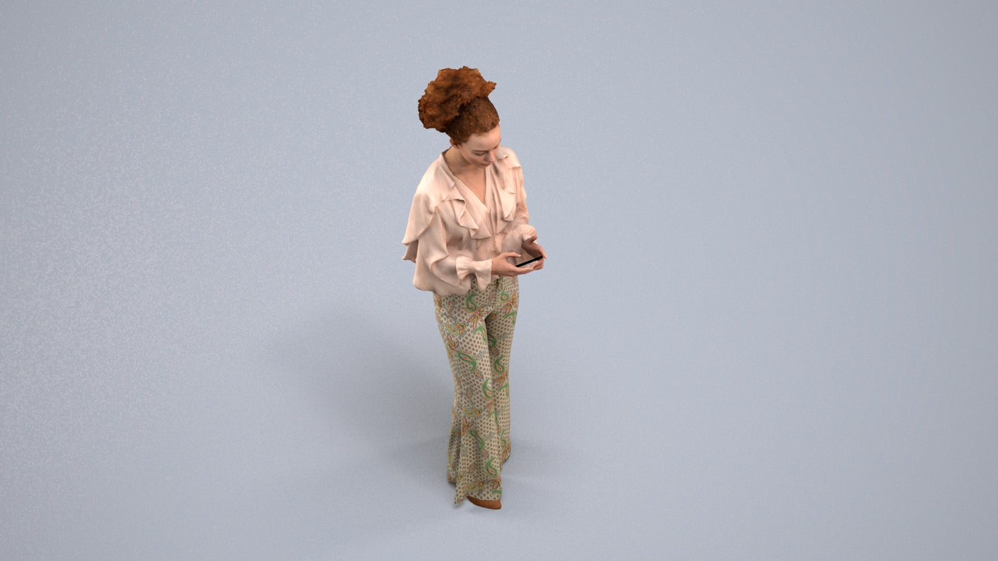 3D human model woman casual standing, photogrammetry scanned person for archviz, back view render