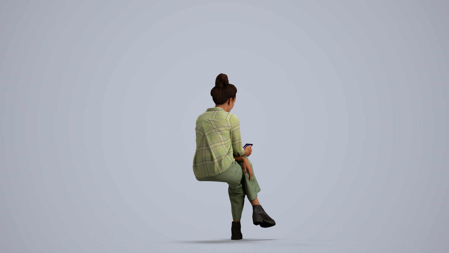 photogrammetry 3D woman casual sitting, realistic human model archviz FBX, front view render