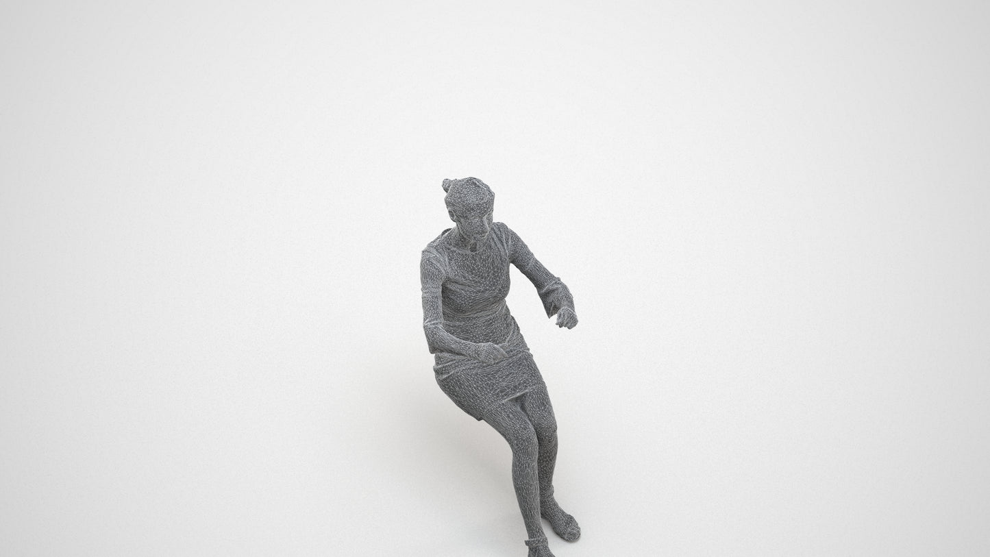 3D people model senior woman business sitting, scanned human for 3ds Max rendering, wireframe three-quarter view