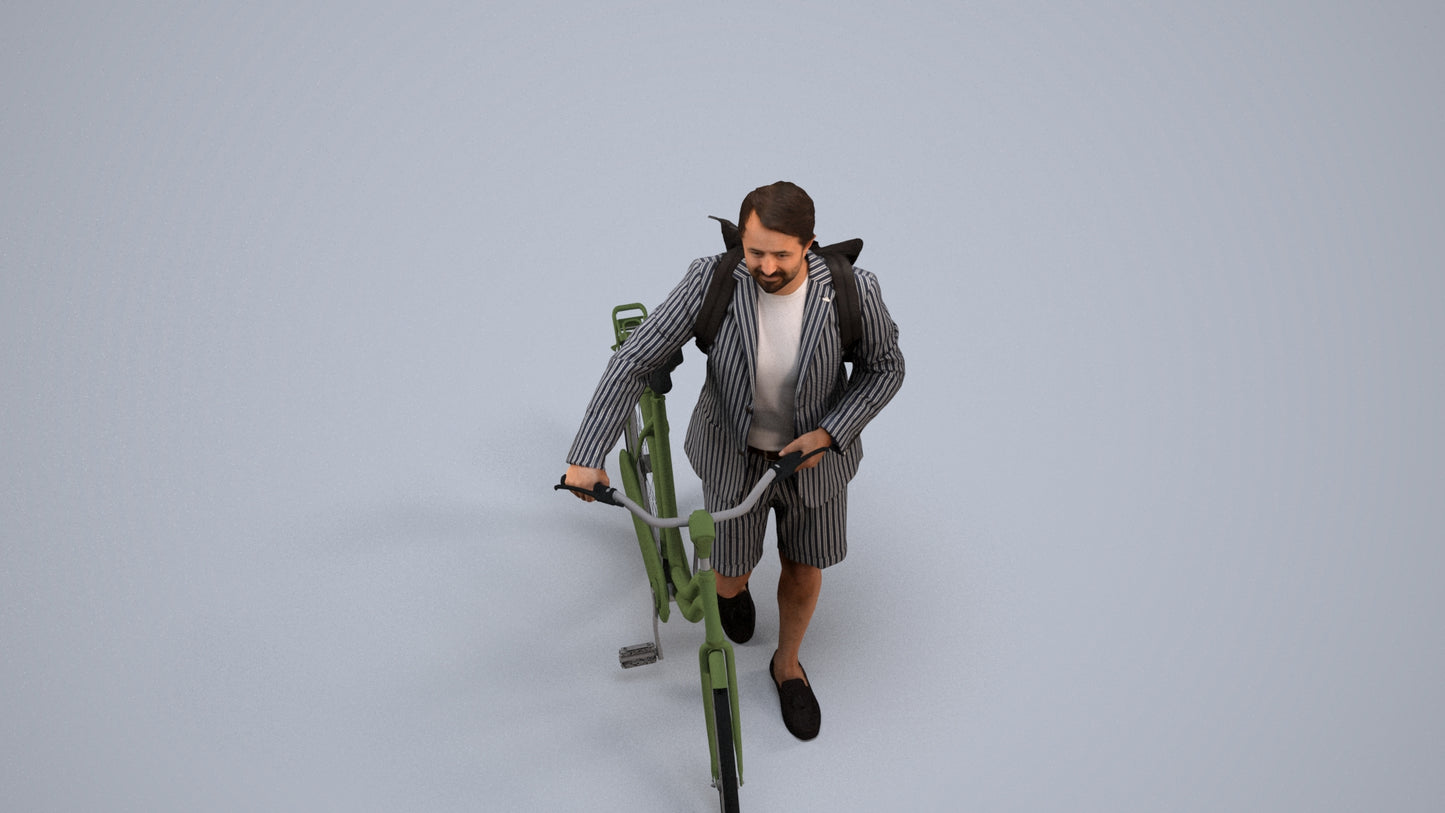 realistic 3D man business cycling, scanned archviz people for Blender and 3ds Max, back view render