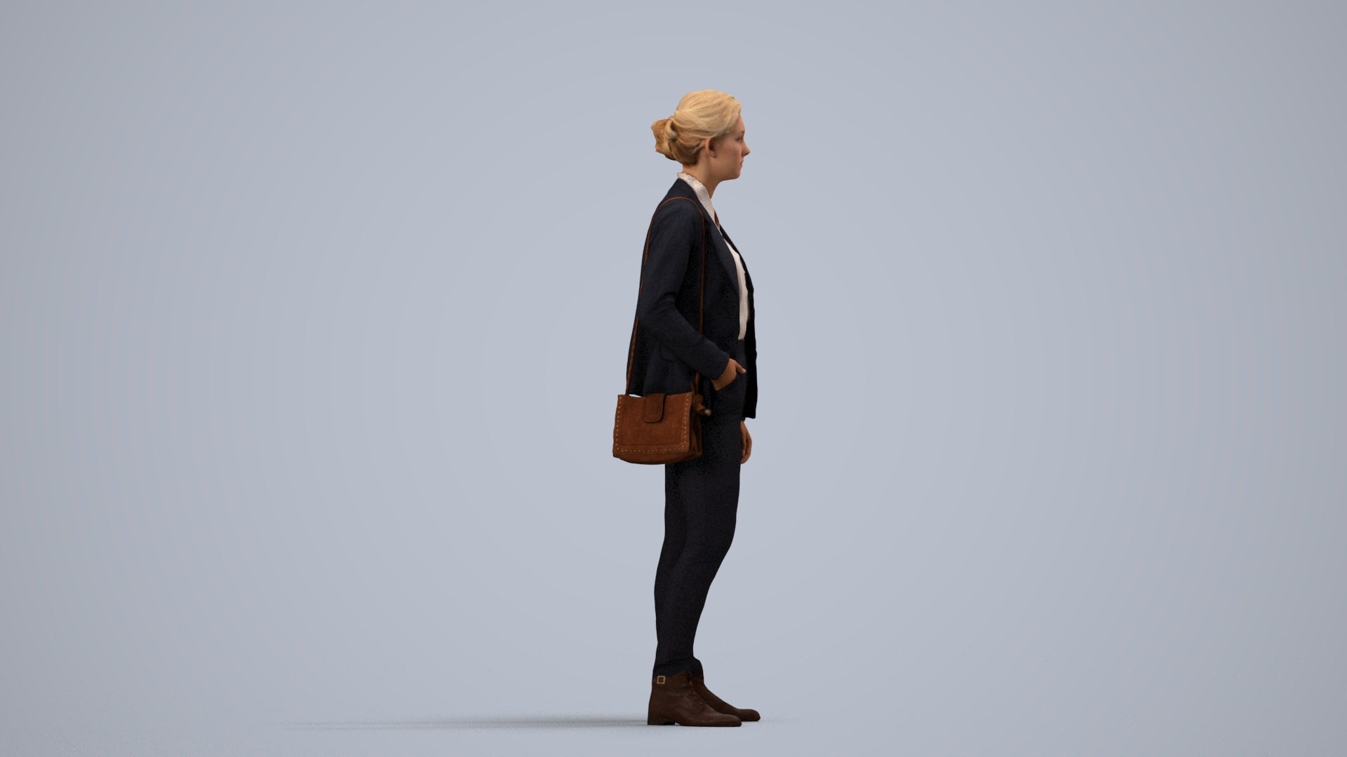 realistic 3D human woman business, archviz people FBX OBJ for Blender, side view render