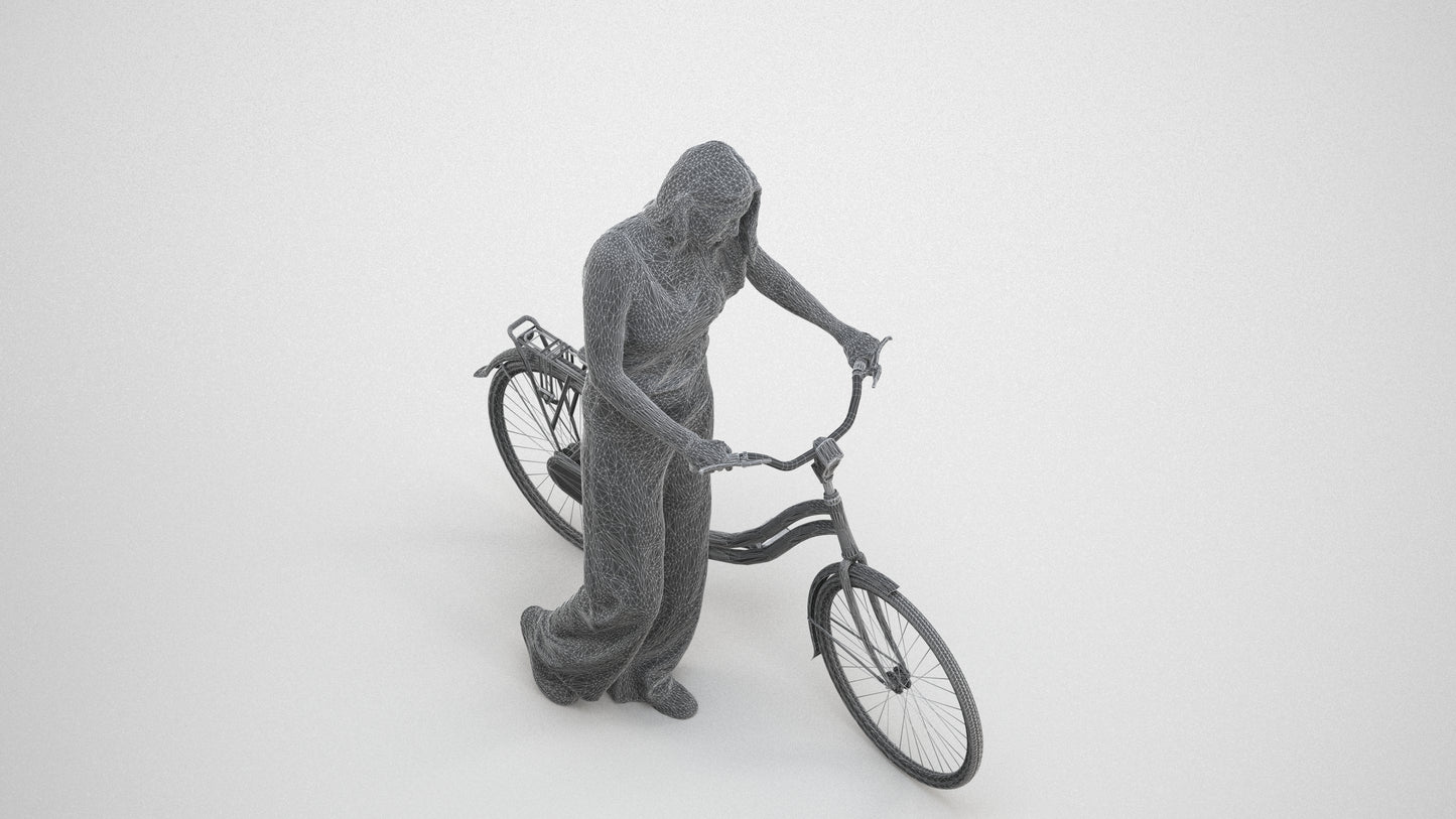 realistic 3D people woman casual cycling, render-ready for V-Ray and Corona, FBX OBJ, wireframe three-quarter view