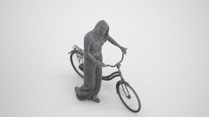 realistic 3D people woman casual cycling, render-ready for V-Ray and Corona, FBX OBJ, wireframe three-quarter view