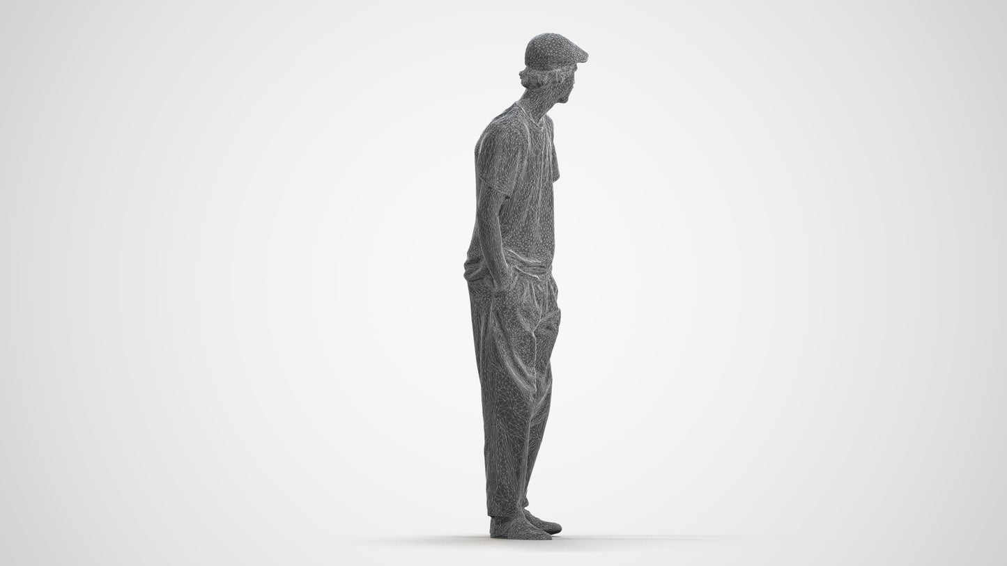 3D scanned man standing casual, photorealistic archviz people for Enscape and SketchUp, wireframe front view