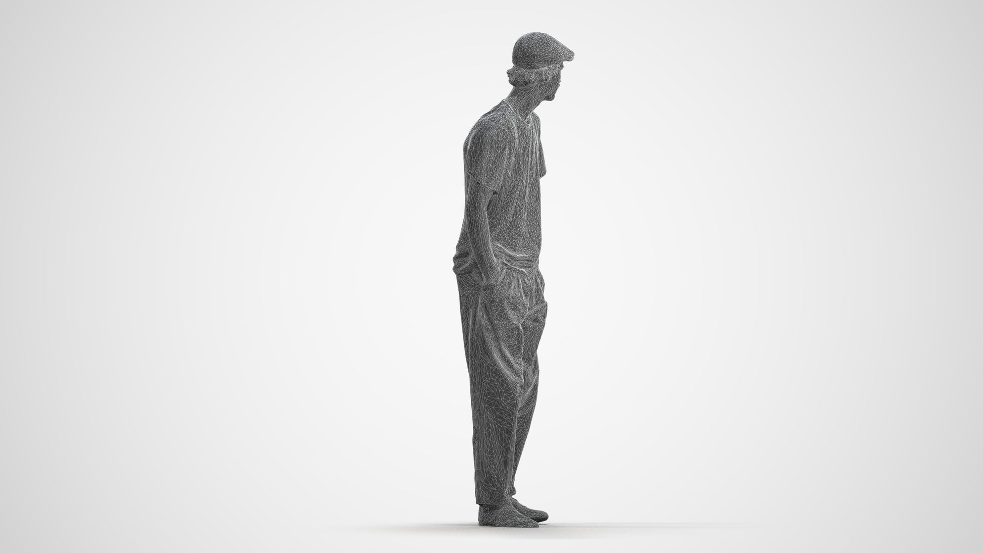 3D scanned man standing casual, photorealistic archviz people for Enscape and SketchUp, wireframe front view