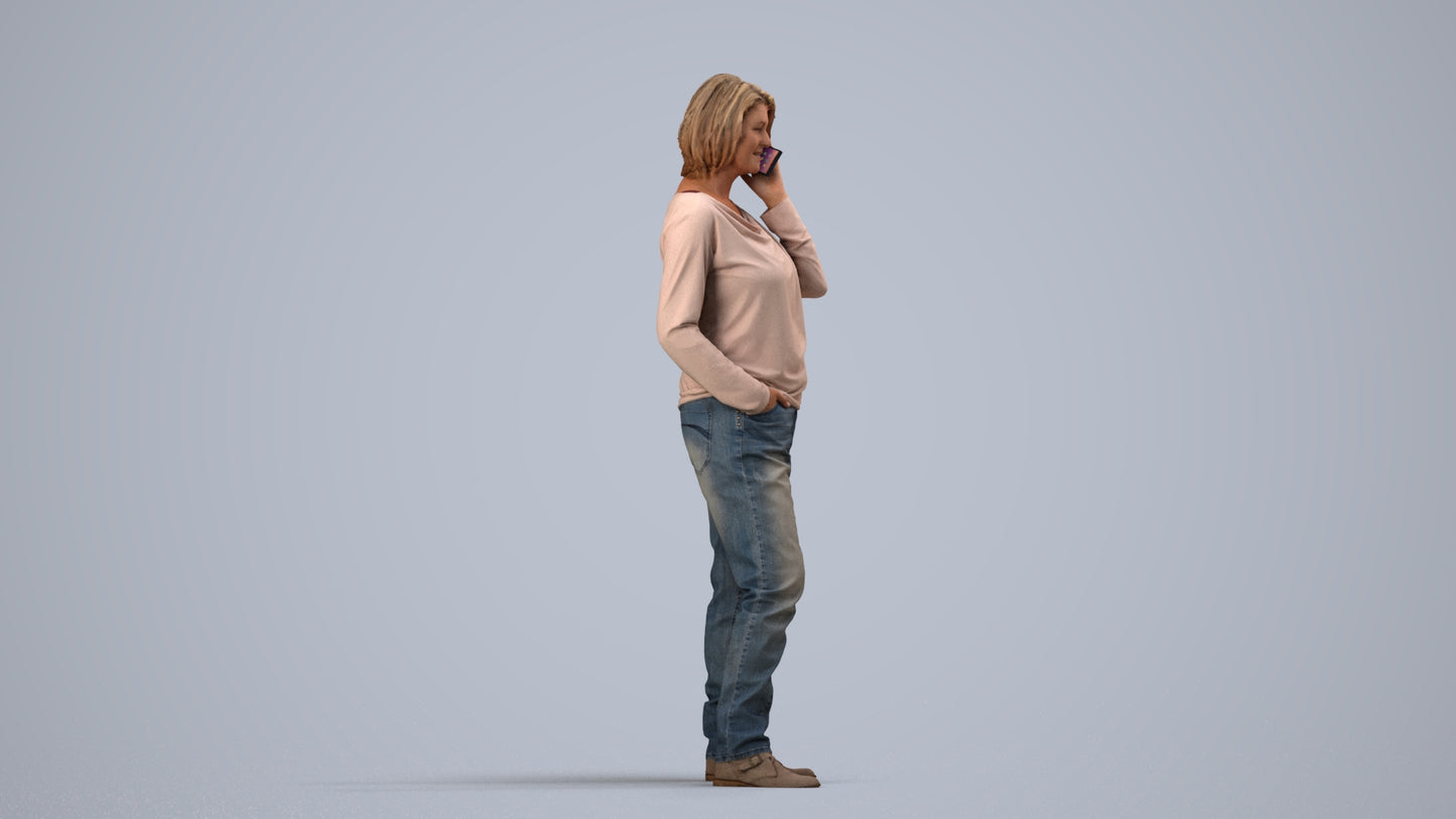 realistic 3D woman casual standing, scanned archviz people for Blender and 3ds Max, side view render