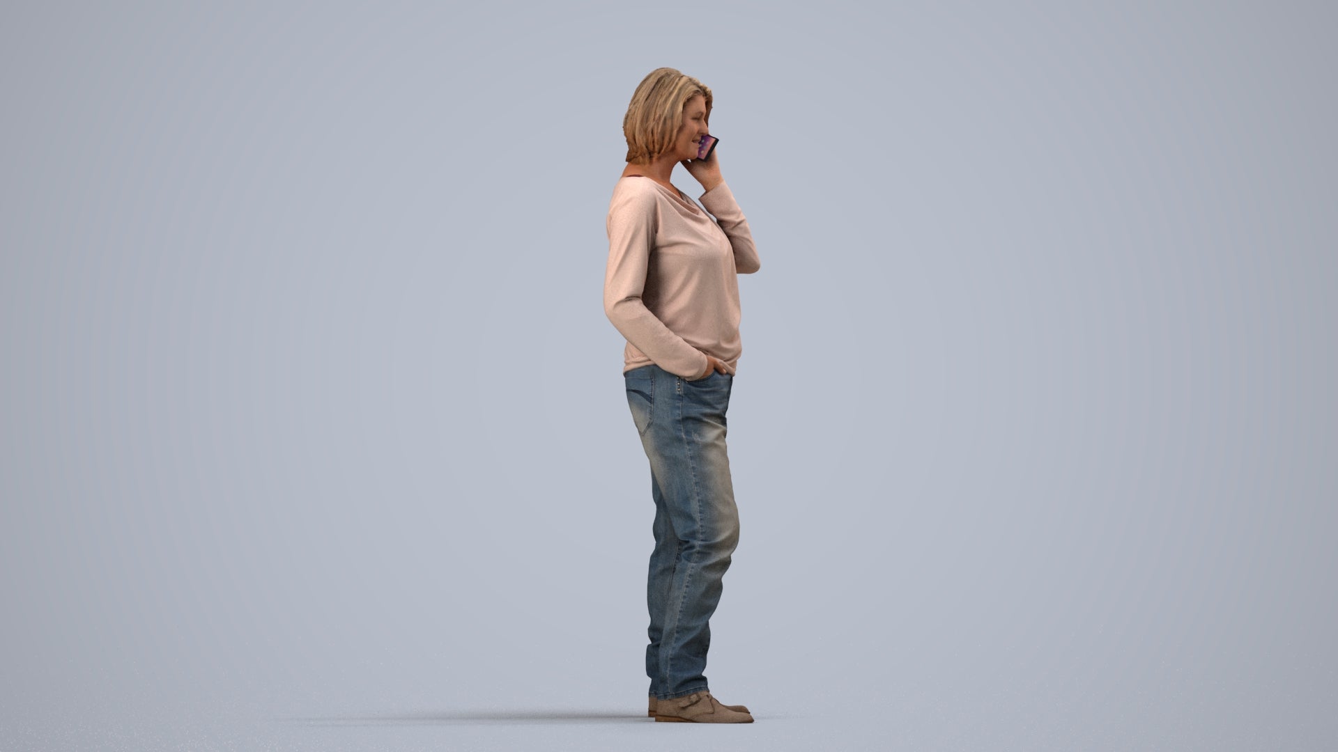 realistic 3D woman casual standing, scanned archviz people for Blender and 3ds Max, side view render