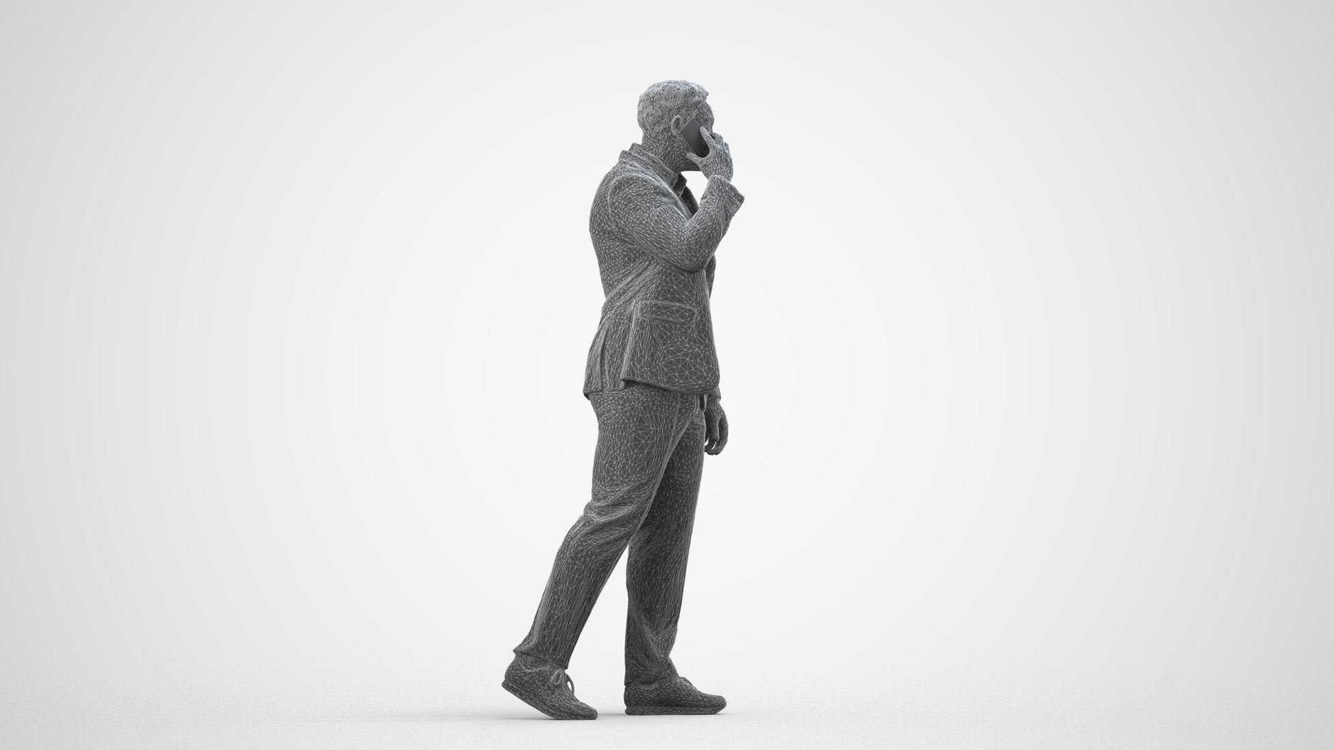realistic 3D man business standing, scanned archviz people for Blender and 3ds Max, wireframe side view