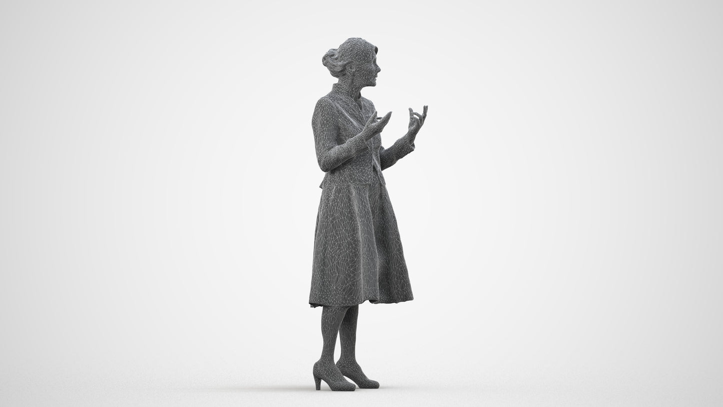realistic 3D senior woman business standing, scanned archviz people for Blender and 3ds Max, wireframe side view