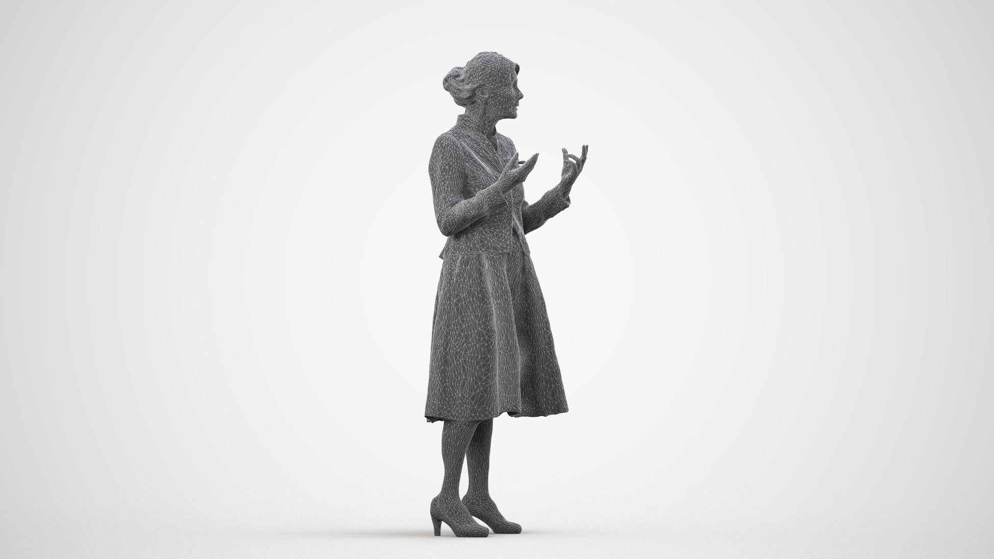 realistic 3D senior woman business standing, scanned archviz people for Blender and 3ds Max, wireframe side view