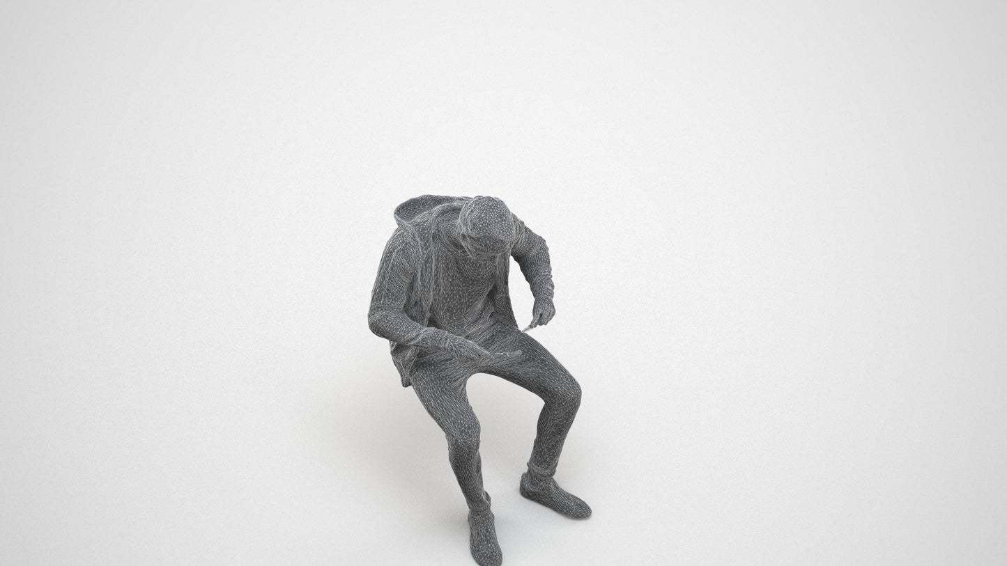 realistic 3D man casual sitting, scanned archviz people for Blender and 3ds Max, wireframe three-quarter view