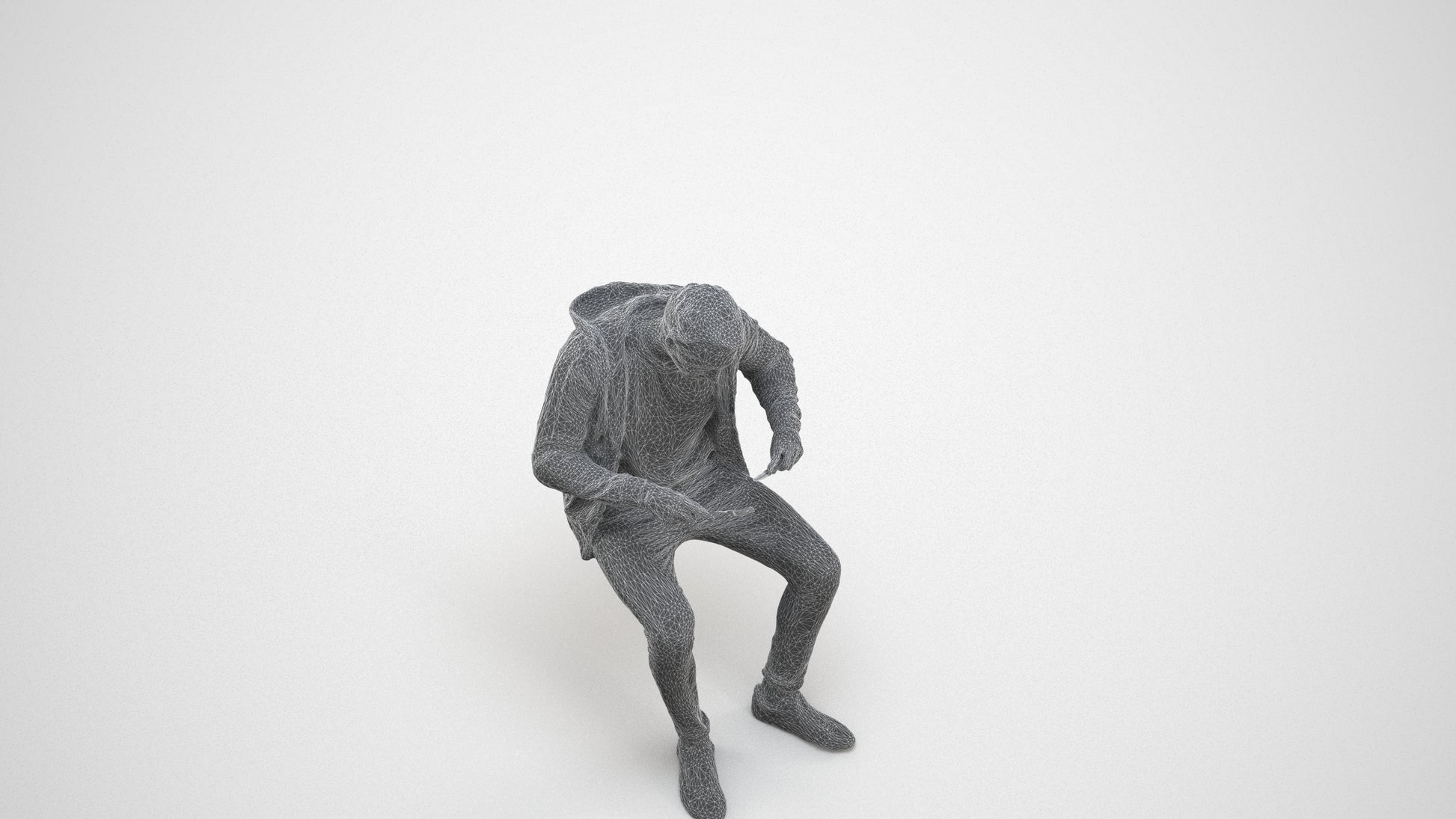 realistic 3D man casual sitting, scanned archviz people for Blender and 3ds Max, wireframe three-quarter view