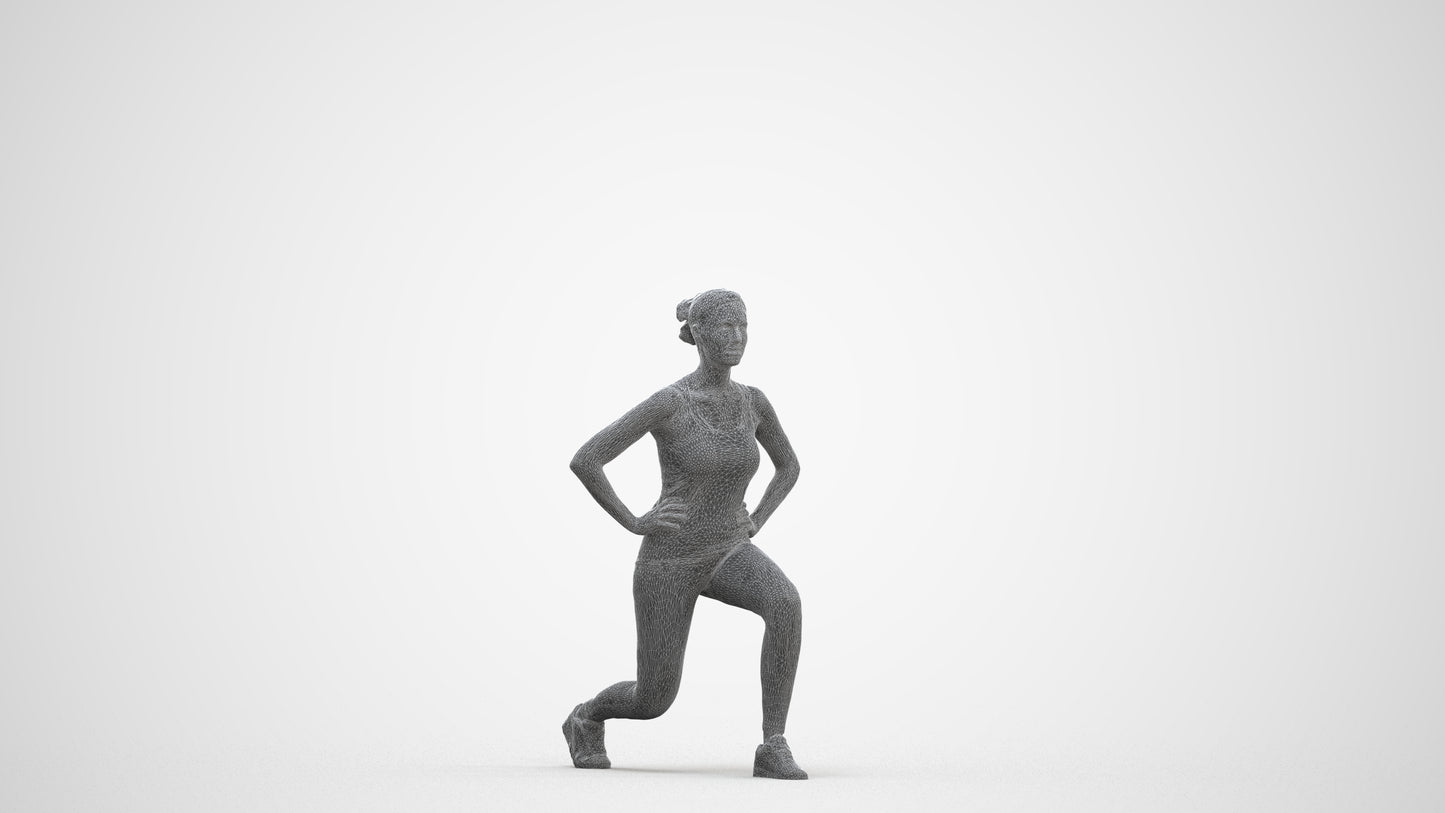 3D human model woman sport standing, photogrammetry scanned person for archviz, three-quarter front view render