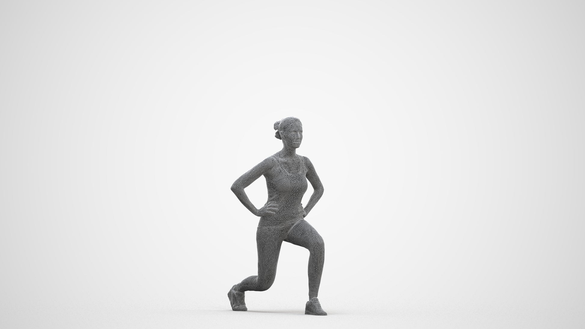 3D human model woman sport standing, photogrammetry scanned person for archviz, three-quarter front view render
