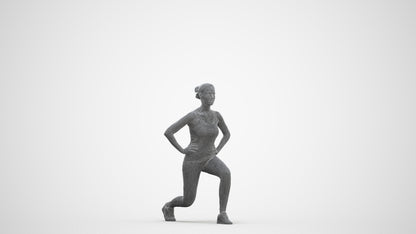3D human model woman sport standing, photogrammetry scanned person for archviz, three-quarter front view render