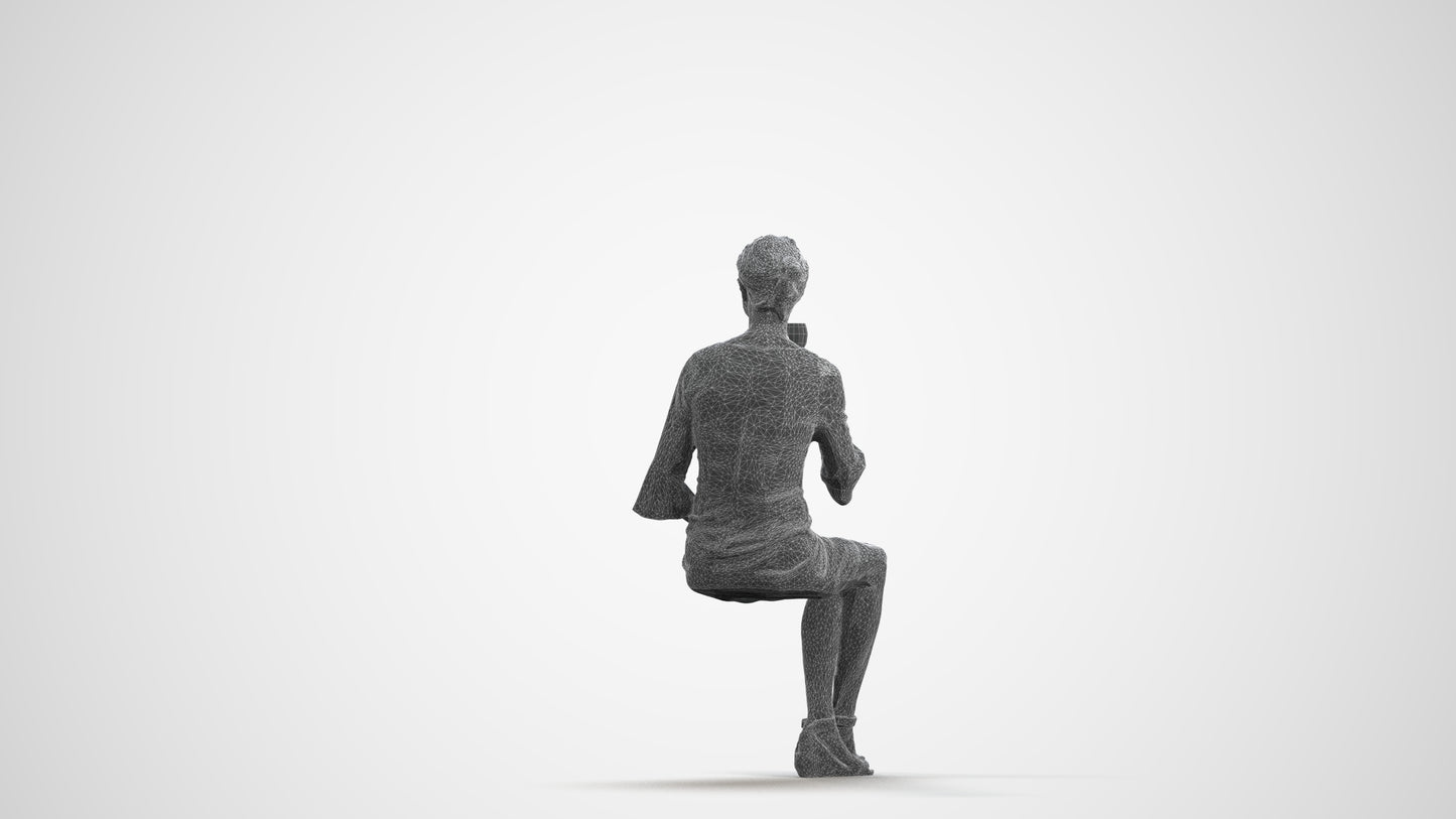 3D scanned senior woman sitting formal, photorealistic archviz people for Enscape and SketchUp, wireframe front view