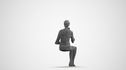 3D scanned senior woman sitting formal, photorealistic archviz people for Enscape and SketchUp, wireframe front view