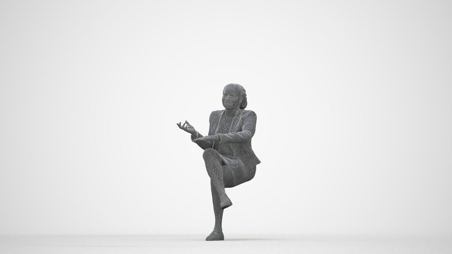 scanned 3D woman business sitting, photogrammetry people for Enscape and V-Ray, wireframe back view