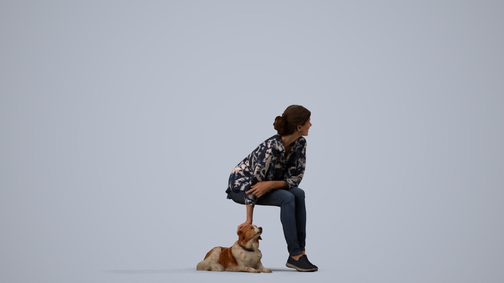 3D people model man casual sitting, scanned human for 3ds Max rendering, side view render