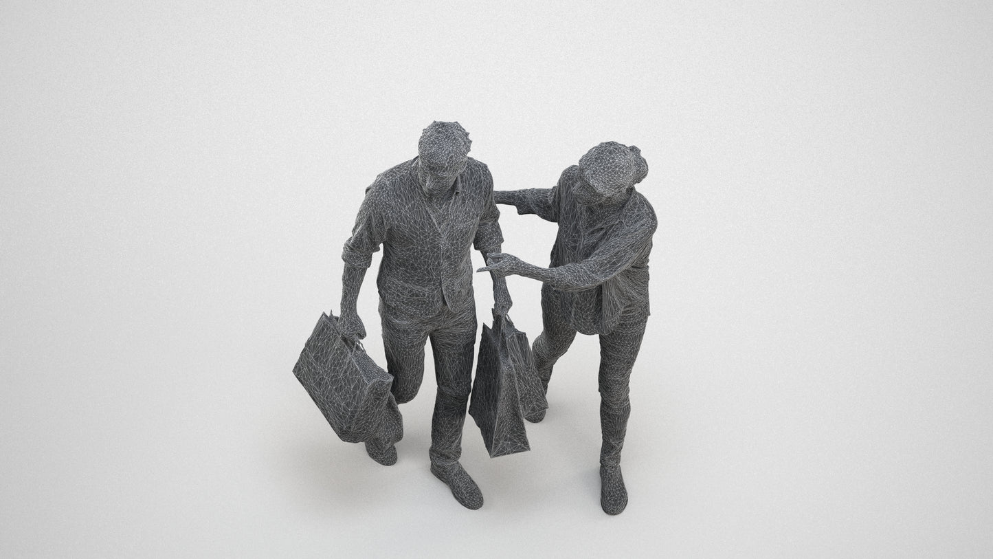 3D human model woman casual shopping, photogrammetry scanned person for archviz, wireframe three-quarter view