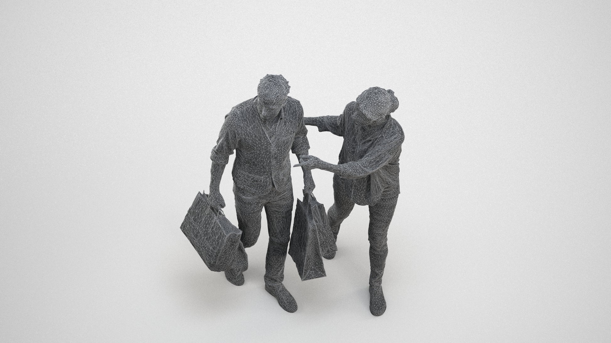 3D human model woman casual shopping, photogrammetry scanned person for archviz, wireframe three-quarter view