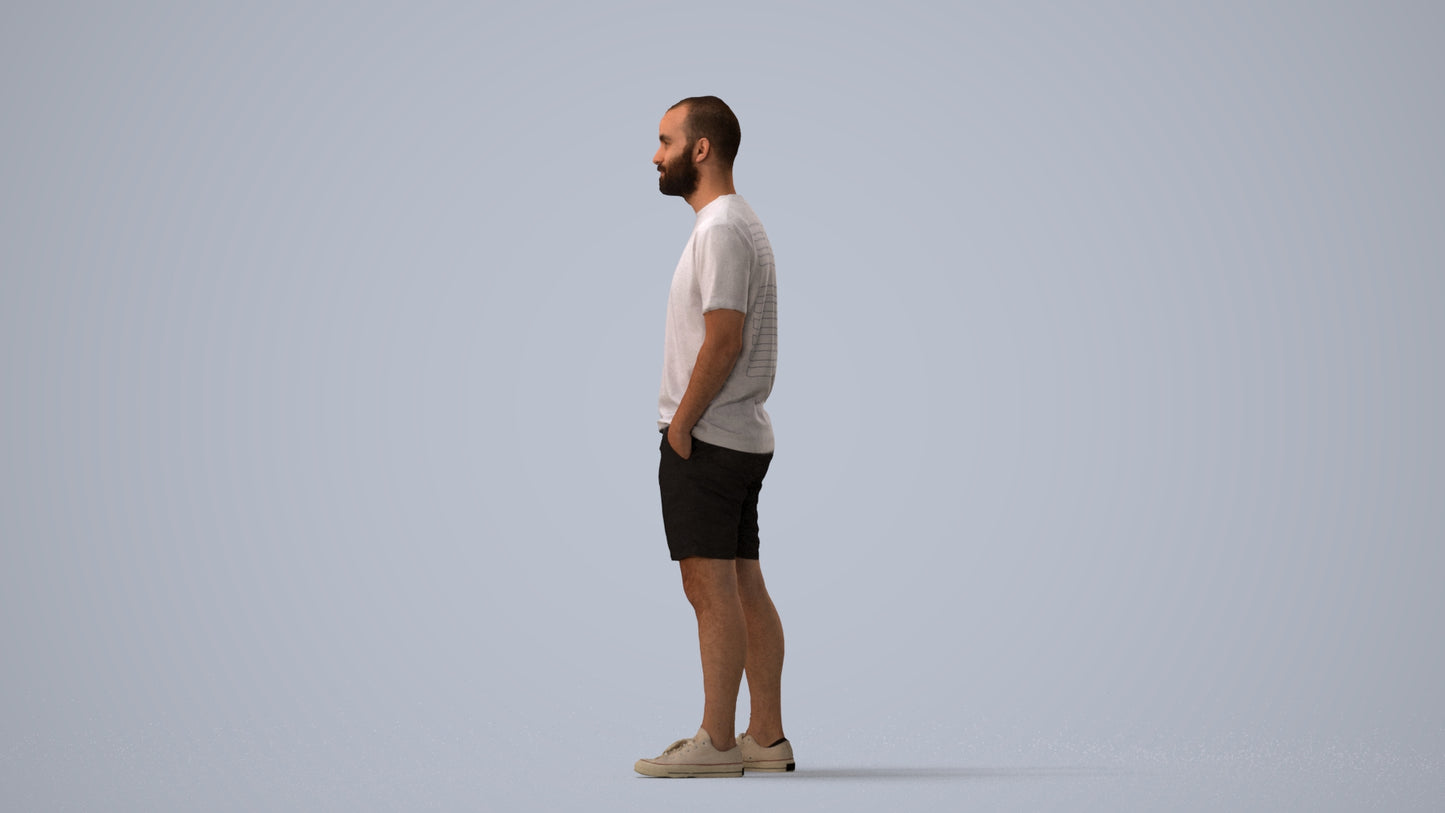3D human model man casual standing, photogrammetry scanned person for archviz, three-quarter view render