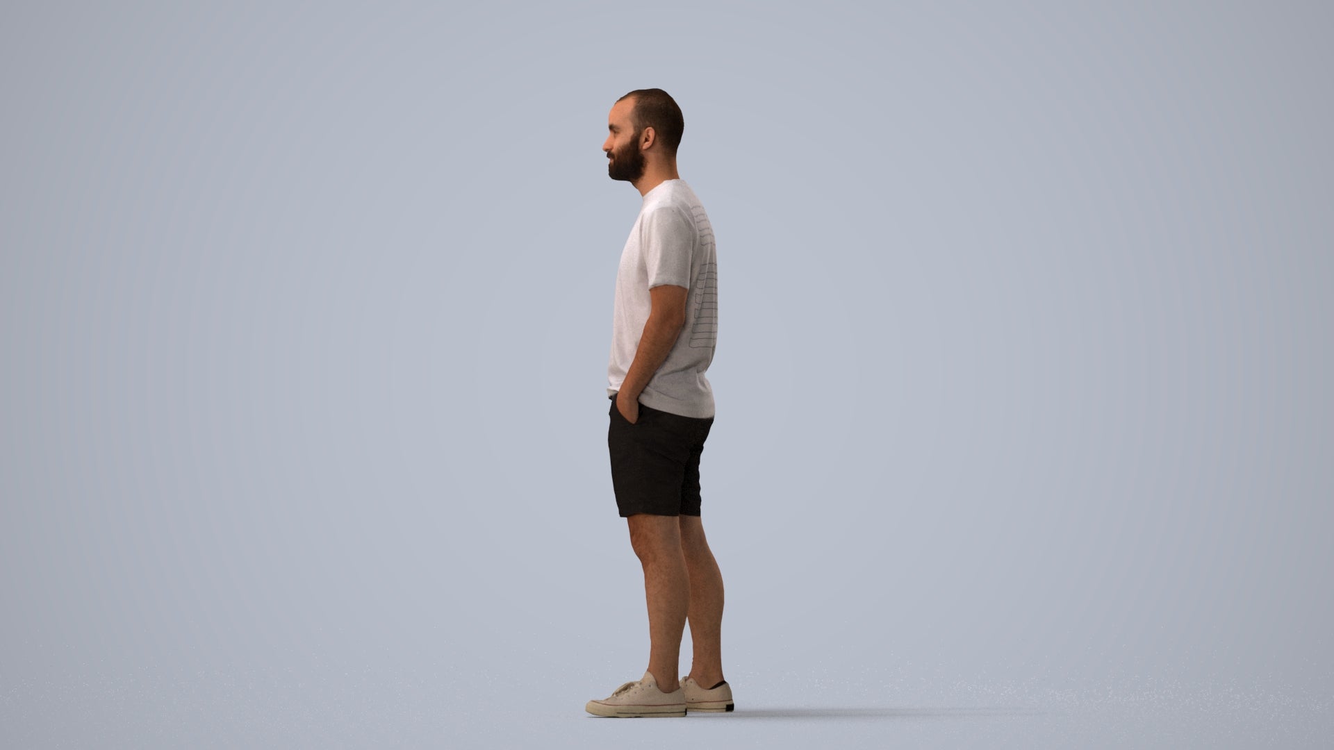 3D human model man casual standing, photogrammetry scanned person for archviz, three-quarter view render