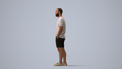 3D human model man casual standing, photogrammetry scanned person for archviz, three-quarter view render