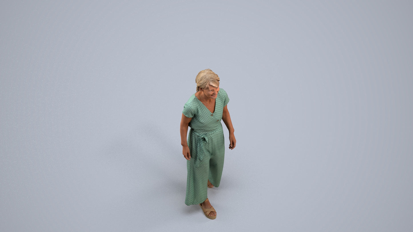 3D human model senior woman casual walking, photogrammetry scanned person for archviz, back view render