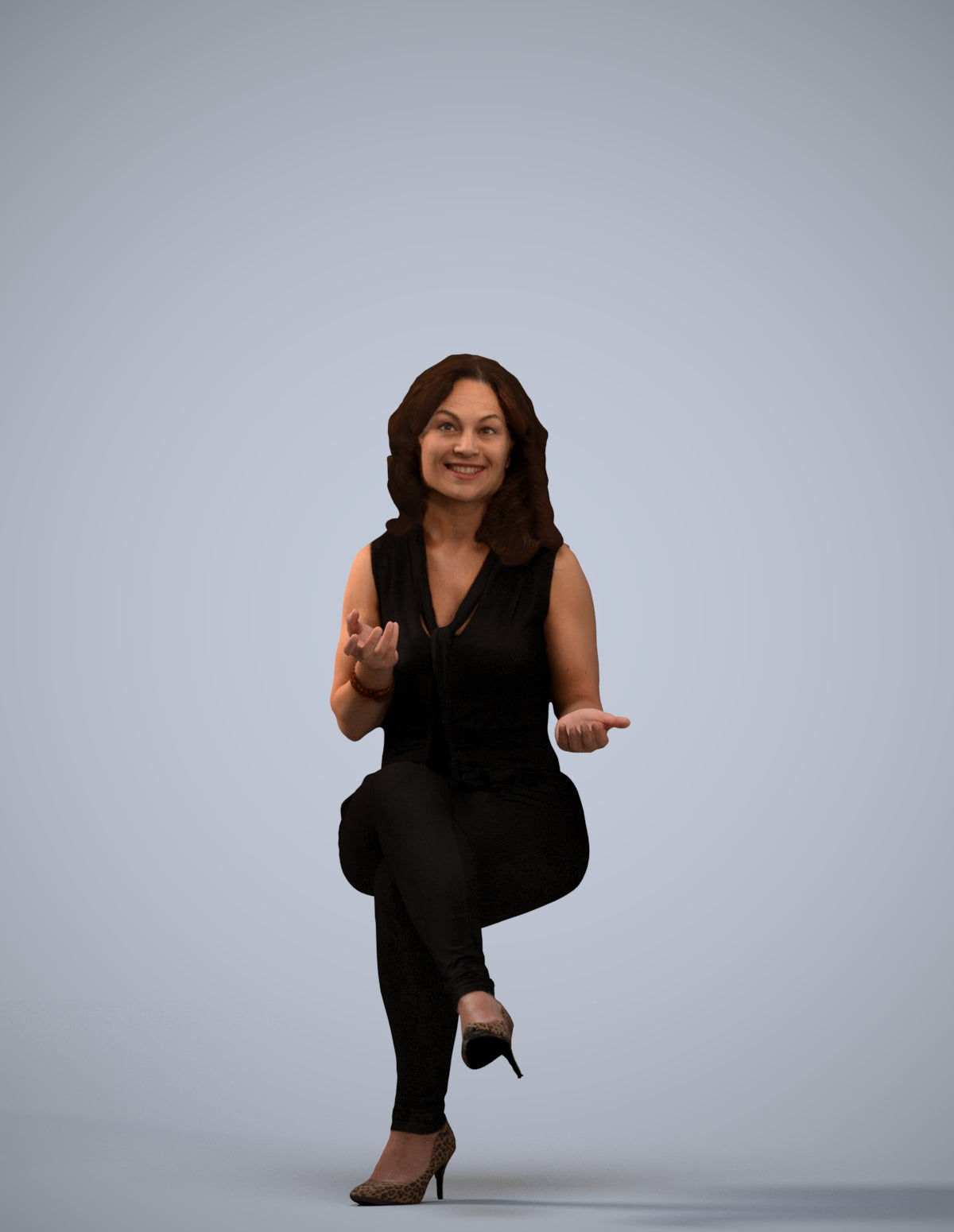 3D human model woman casual sitting, photogrammetry scanned person for archviz