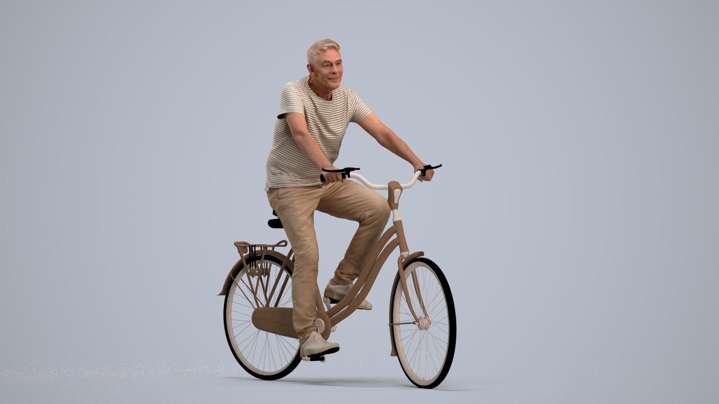 realistic 3D senior man casual cycling, scanned archviz people for Blender and 3ds Max, standing pose render