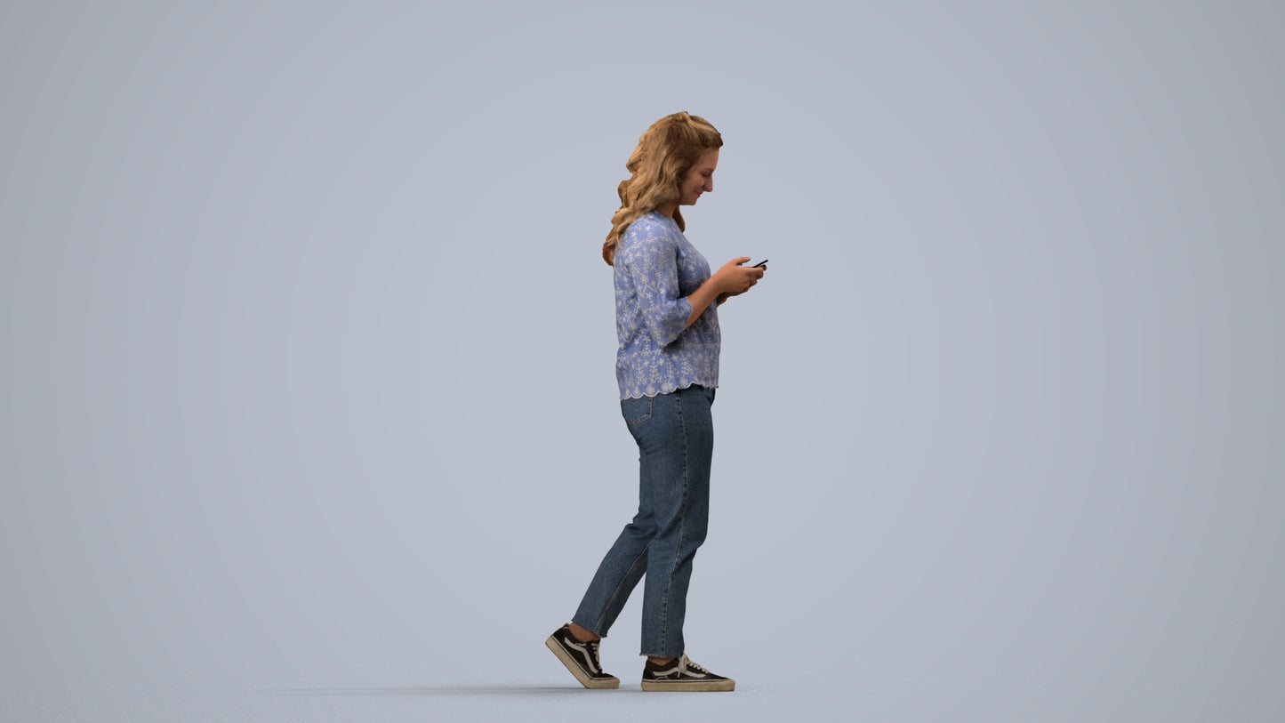 3D people model woman casual walking, scanned human for 3ds Max rendering, side view render