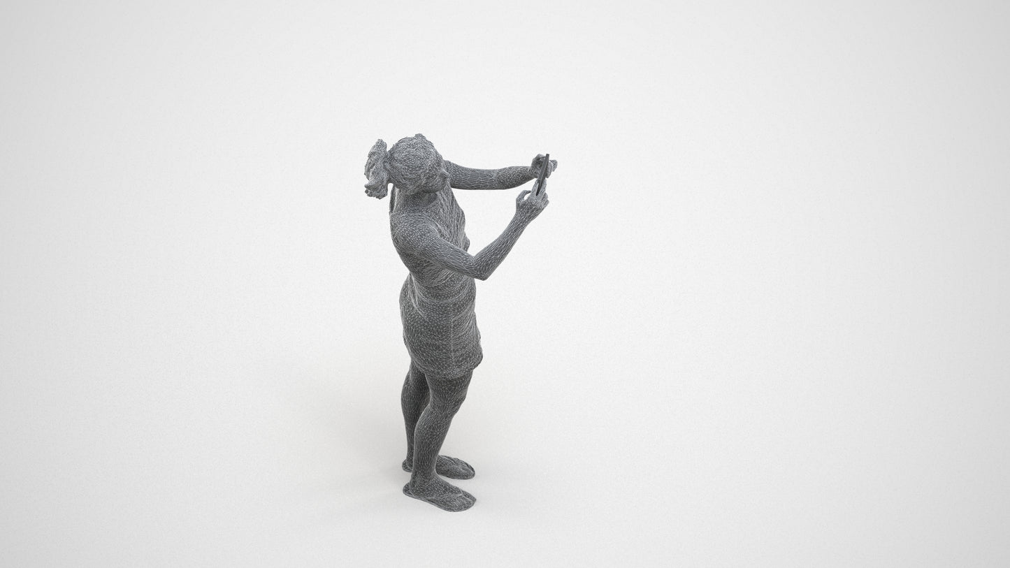3D human model woman casual standing, photogrammetry scanned person for archviz, wireframe three-quarter view