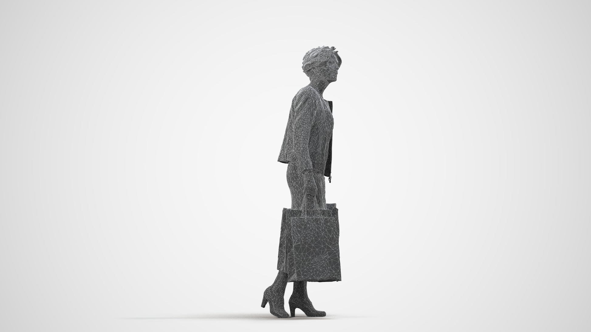 realistic 3D human woman business shopping, archviz people FBX OBJ for Blender, wireframe side view