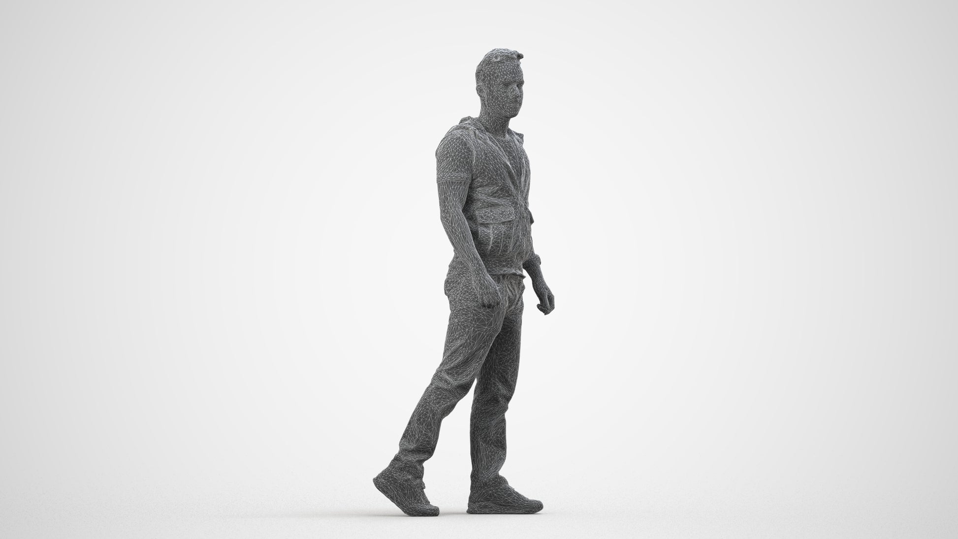 3D human model man casual walking, photogrammetry scanned person for archviz, wireframe side view