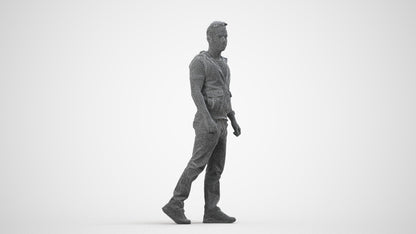 3D human model man casual walking, photogrammetry scanned person for archviz, wireframe side view