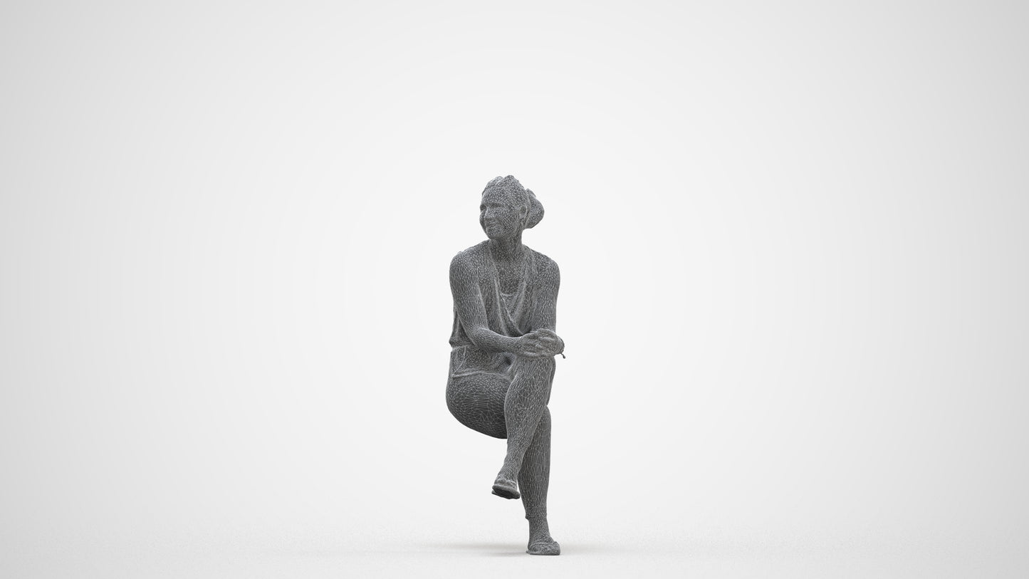 photogrammetry 3D woman casual sitting, realistic human model archviz FBX, three-quarter front view render