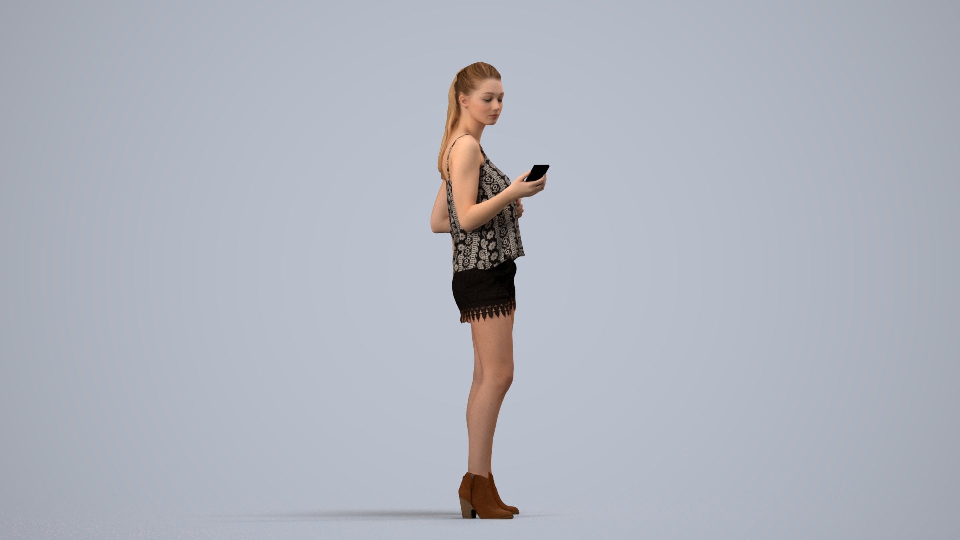 photogrammetry 3D girl casual standing, realistic human model archviz FBX, side view render