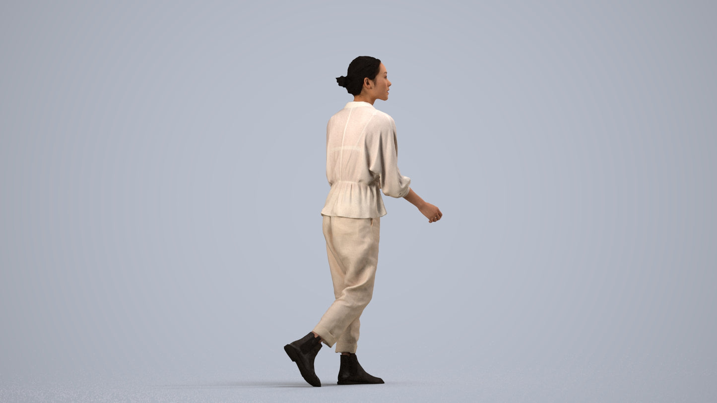 realistic 3D human woman casual walking, archviz people FBX OBJ for Blender, side view render