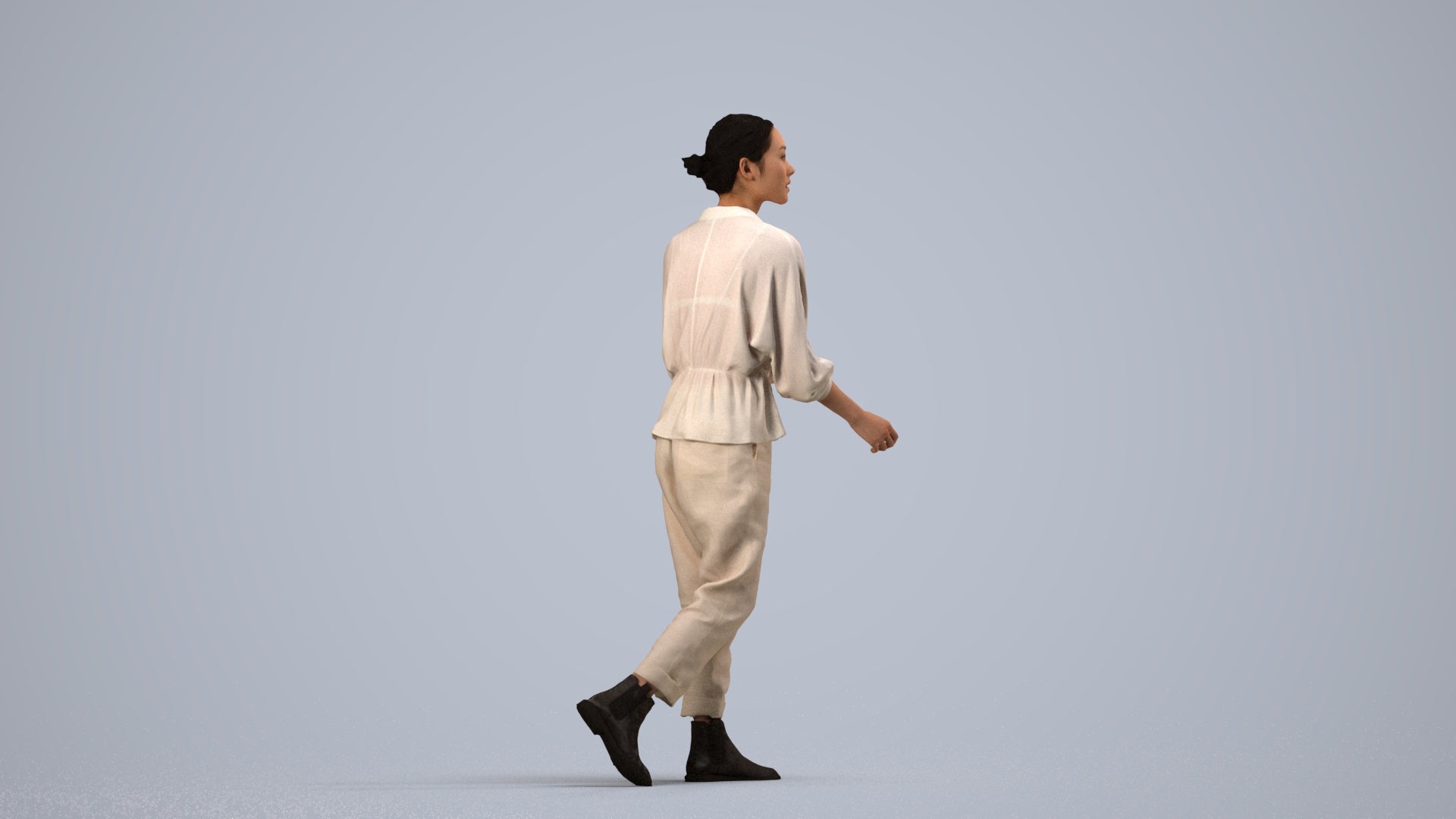 realistic 3D human woman casual walking, archviz people FBX OBJ for Blender, side view render