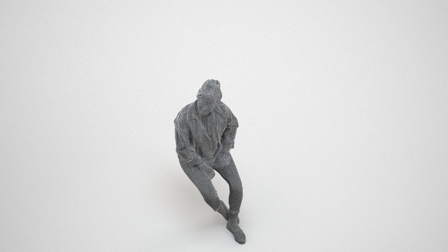photogrammetry 3D woman casual sitting, realistic human model archviz FBX, wireframe three-quarter view
